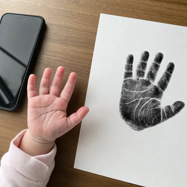 Smartphone beside a baby's open palm and a detailed ink-style handprint printout ready to frame