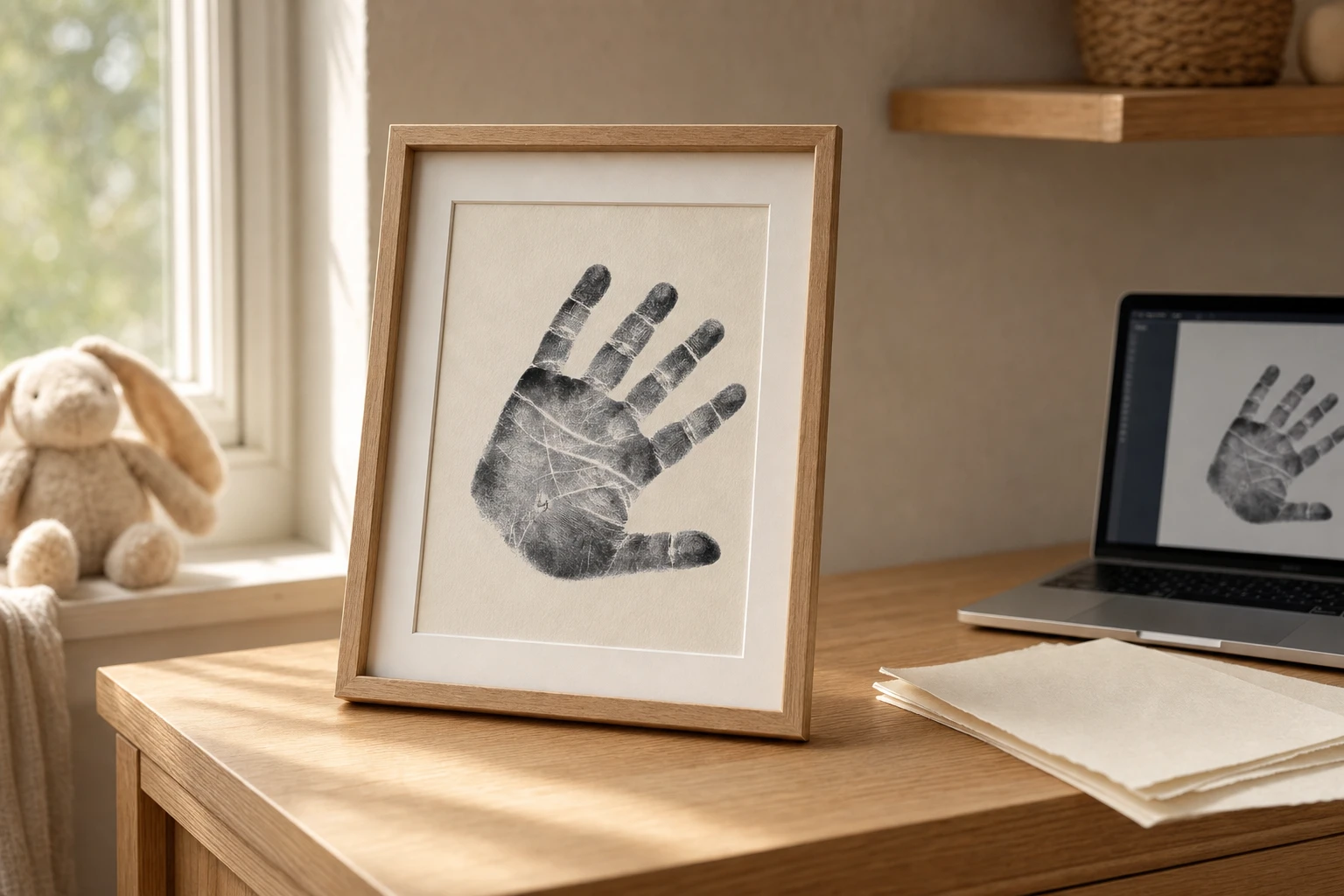Digital baby handprint in a simple oak nursery frame